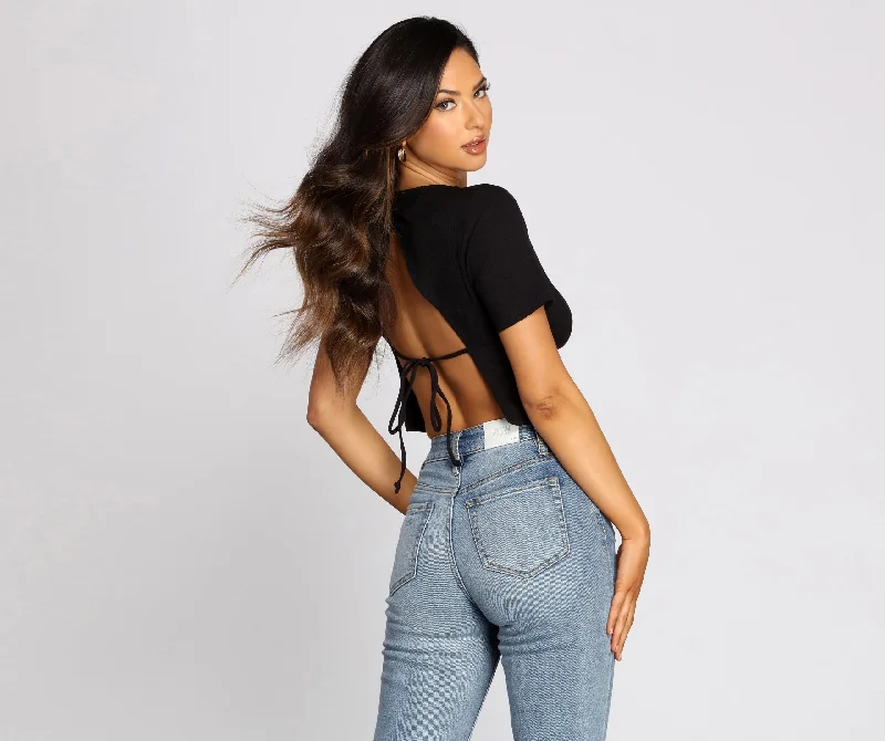 women's tops with unique designsOpen Tie Back Ribbed Knit Crop Top