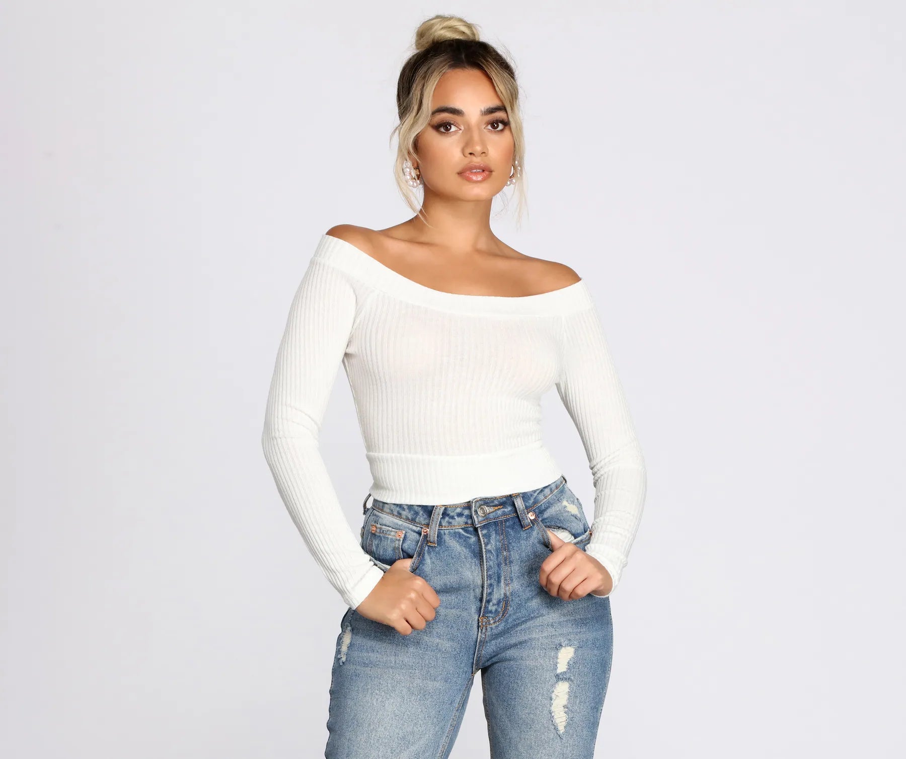 women's tops with sheer overlaysOff The Shoulder Brushed Knit Crop Top